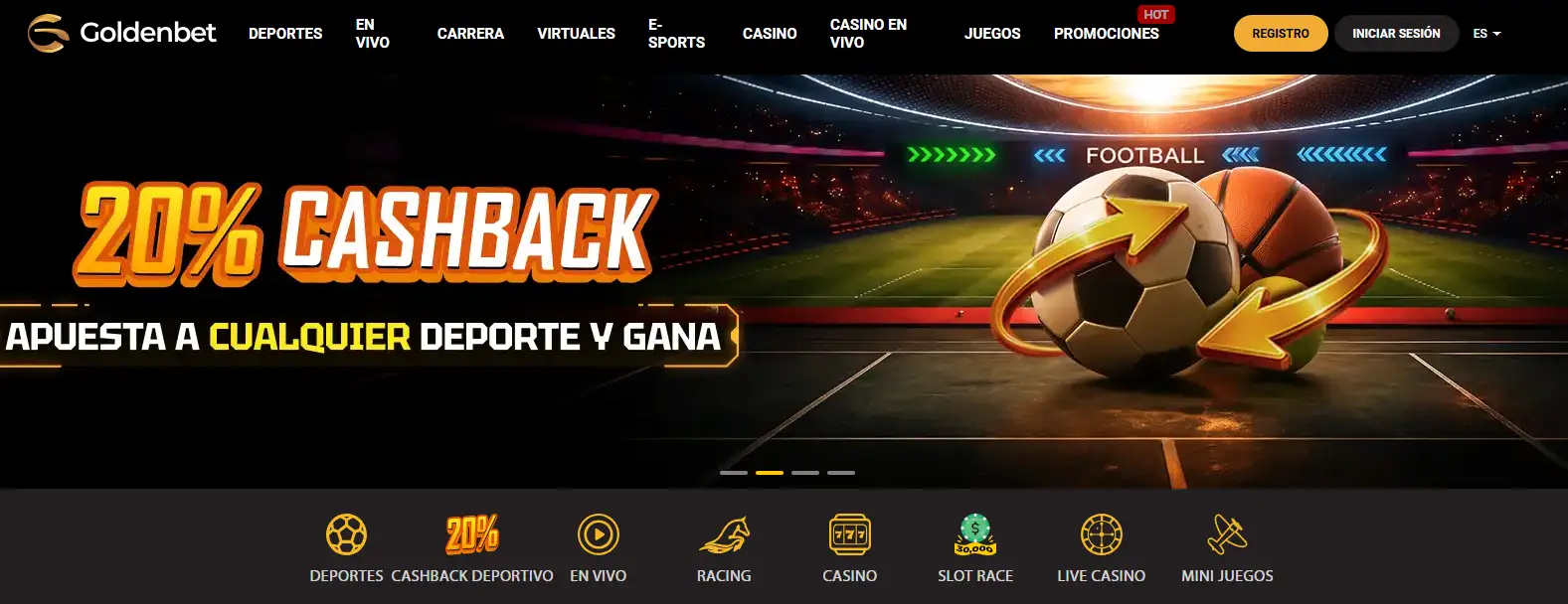 Interfaz oficial de Goldenbet en español con navegación de casino y apuestas deportivas